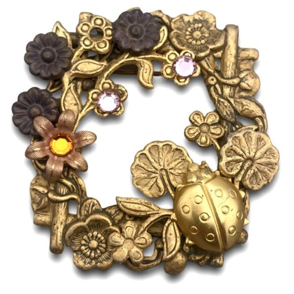 Vintage Flower Cluster Rhinestone Lady Bug Brooch Pin Textured Gold Tone - Picture 1 of 6